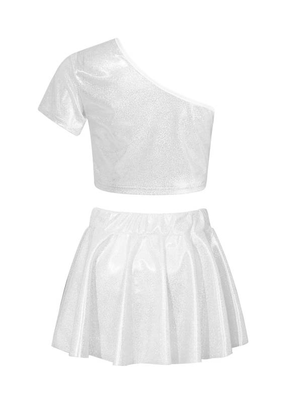Kids Girls One Shoulder Short Sleeve Metallic Crop Top and Skirt Jazz Dance Set thumb