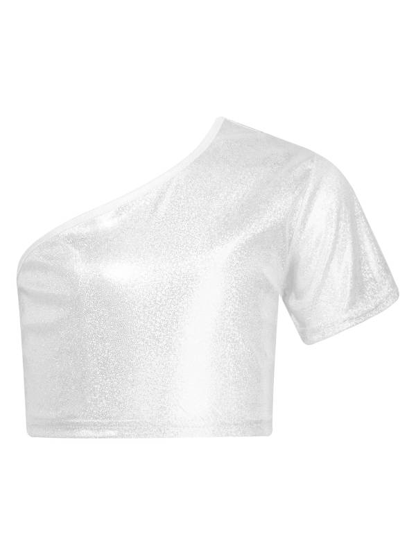 Kids Girls One Shoulder Short Sleeve Metallic Crop Top and Skirt Jazz Dance Set thumb