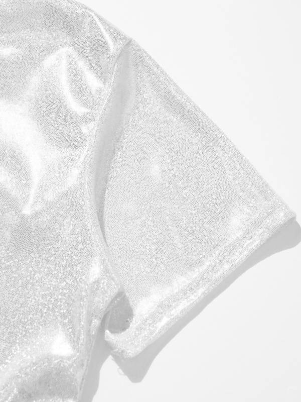 Kids Girls One Shoulder Short Sleeve Metallic Crop Top and Skirt Jazz Dance Set thumb