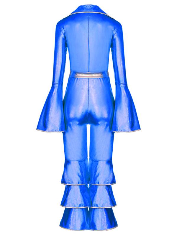 Kids Girls 70s Disco Costume Long Sleeve Bell Bottom Zipper Jumpsuit thumb