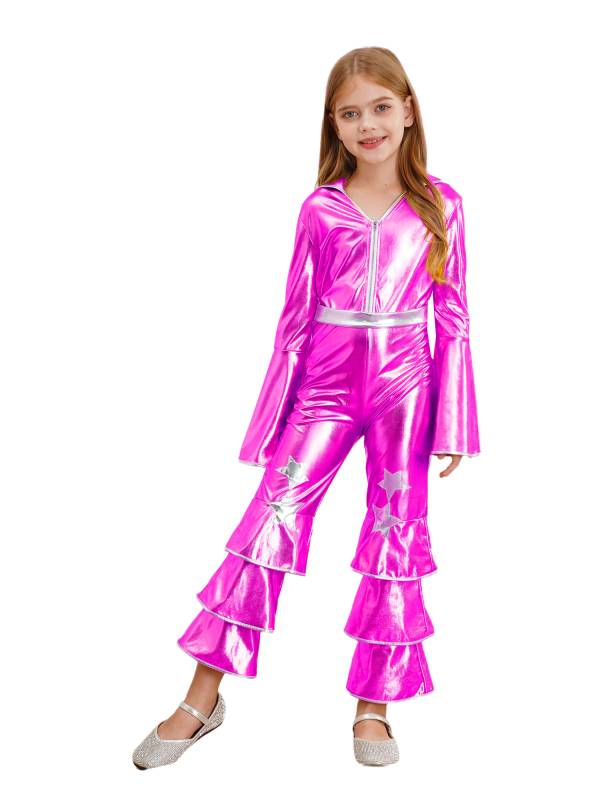 Kids Girls 70s Disco Costume Long Sleeve Bell Bottom Zipper Jumpsuit thumb