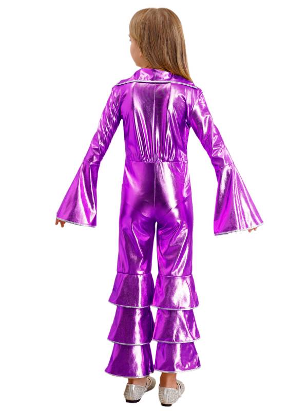 Kids Girls 70s Disco Costume Long Sleeve Bell Bottom Zipper Jumpsuit thumb