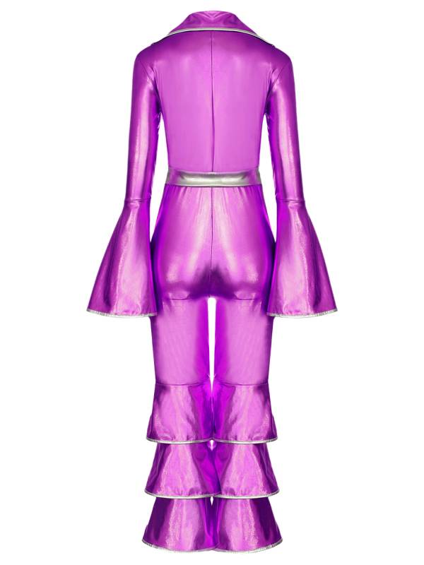 Kids Girls 70s Disco Costume Long Sleeve Bell Bottom Zipper Jumpsuit thumb