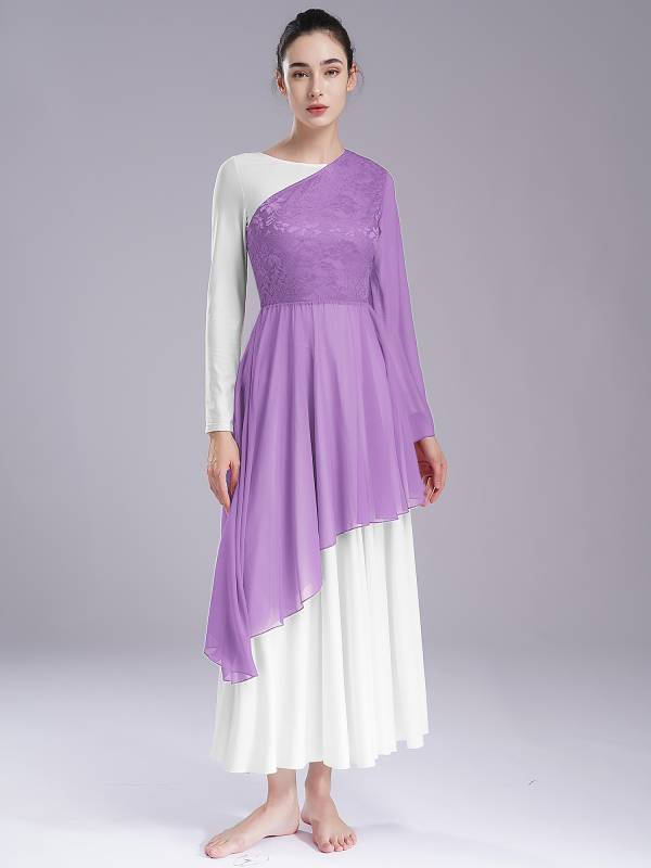 Women Floral Lace One Shoulder Asymmetrical Chiffon Praise Dance Dress thumb