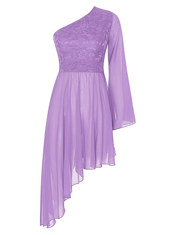 Women Floral Lace One Shoulder Asymmetrical Chiffon Praise Dance Dress thumb