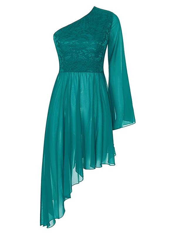 Women Floral Lace One Shoulder Asymmetrical Chiffon Praise Dance Dress thumb