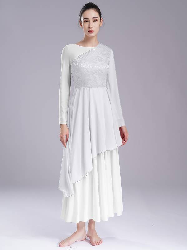 Women Floral Lace One Shoulder Asymmetrical Chiffon Praise Dance Dress thumb