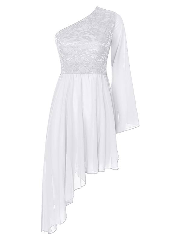 Women Floral Lace One Shoulder Asymmetrical Chiffon Praise Dance Dress thumb