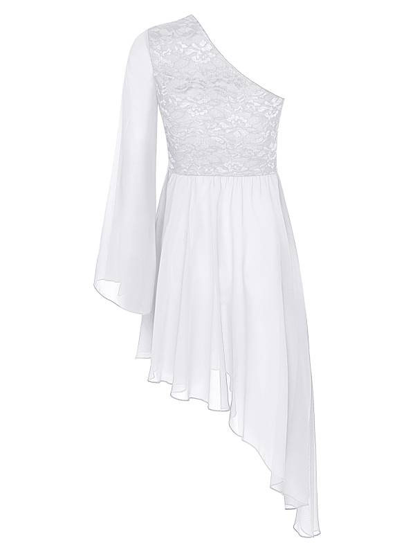 Women Floral Lace One Shoulder Asymmetrical Chiffon Praise Dance Dress thumb