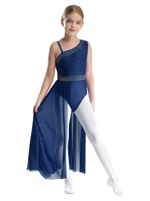 Kids Girls Shinny Rhinestones Sleeveless Lyrical Dance Leotard Dress thumb
