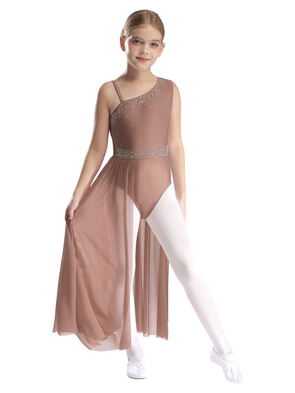 Kids Girls Shinny Rhinestones Sleeveless Lyrical Dance Leotard Dress thumb