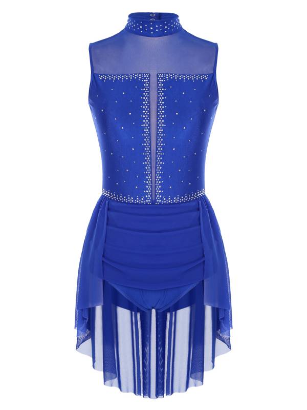 Women Sleeveless Backless Mesh Rhinestones Lyrical Dance Leotard Dress thumb