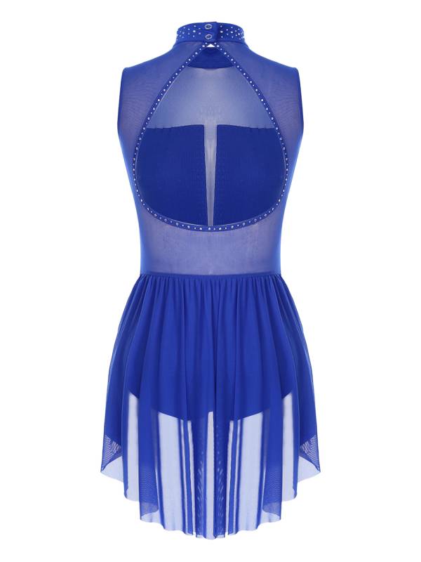 Women Sleeveless Backless Mesh Rhinestones Lyrical Dance Leotard Dress thumb