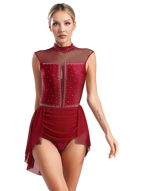 Women Sleeveless Backless Mesh Rhinestones Lyrical Dance Leotard Dress thumb