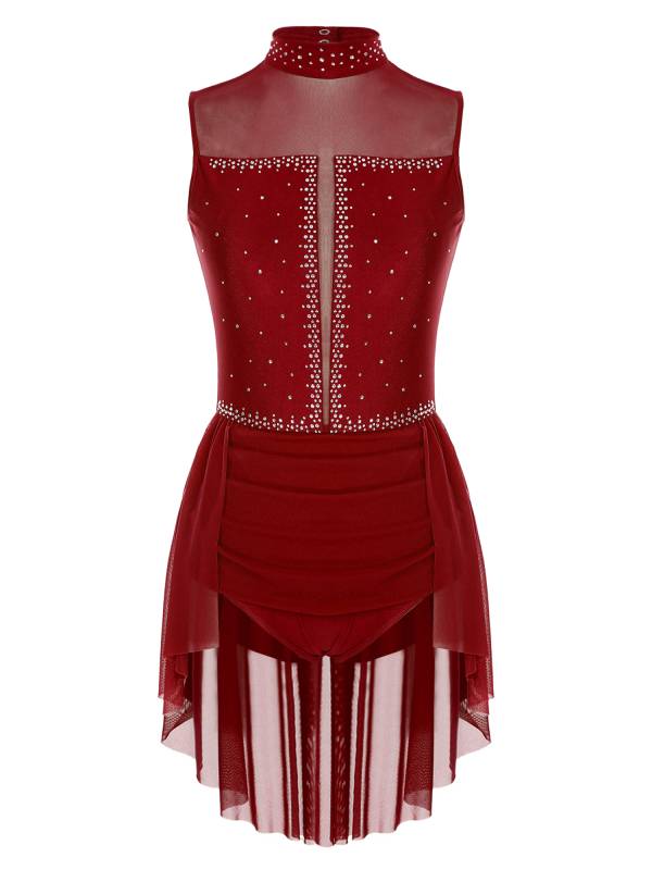 Women Sleeveless Backless Mesh Rhinestones Lyrical Dance Leotard Dress thumb