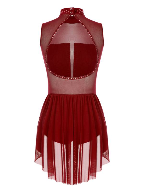 Women Sleeveless Backless Mesh Rhinestones Lyrical Dance Leotard Dress thumb