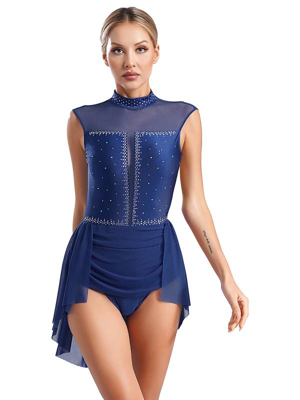 Women Sleeveless Backless Mesh Rhinestones Lyrical Dance Leotard Dress thumb