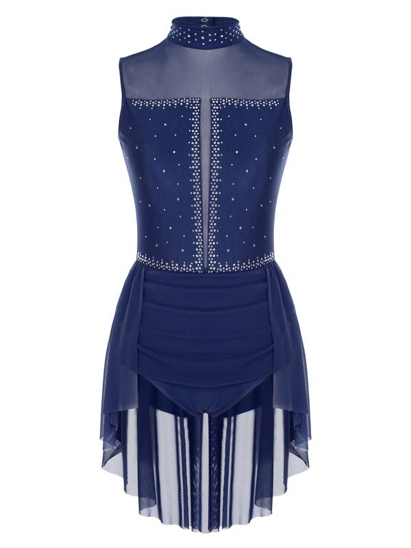 Women Sleeveless Backless Mesh Rhinestones Lyrical Dance Leotard Dress thumb