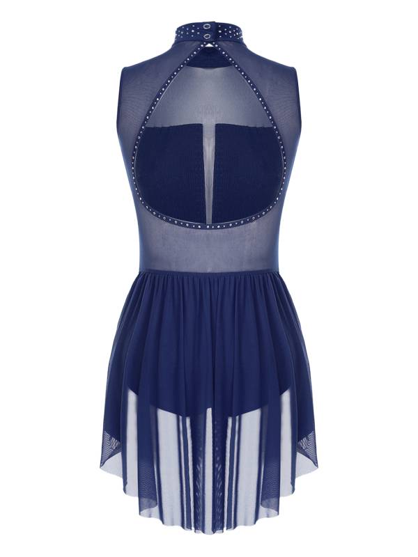 Women Sleeveless Backless Mesh Rhinestones Lyrical Dance Leotard Dress thumb