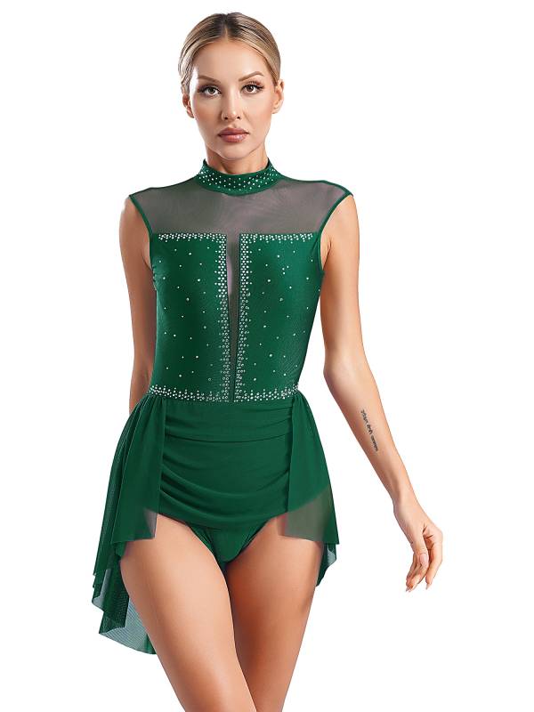 Women Sleeveless Backless Mesh Rhinestones Lyrical Dance Leotard Dress thumb