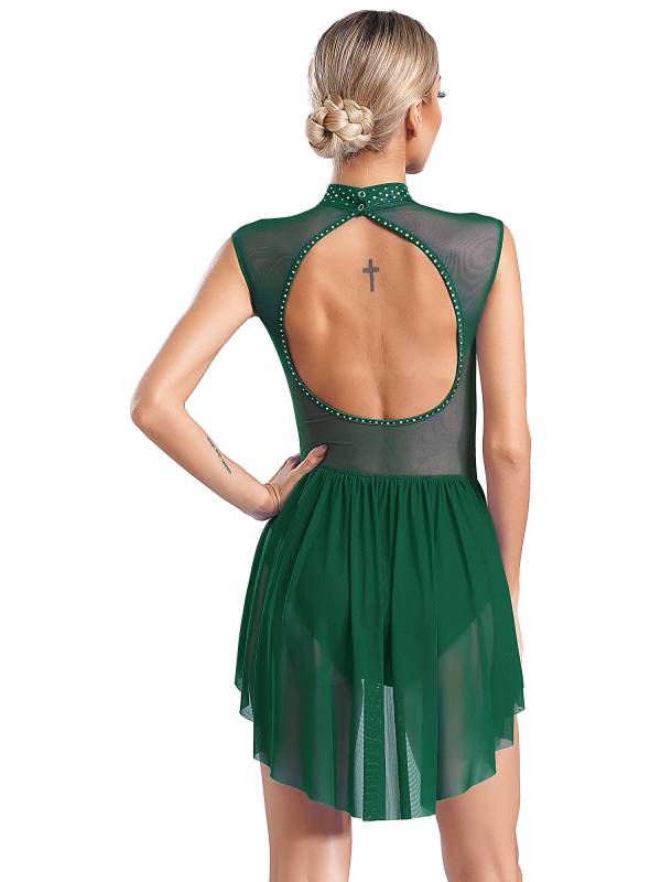Women Sleeveless Backless Mesh Rhinestones Lyrical Dance Leotard Dress thumb