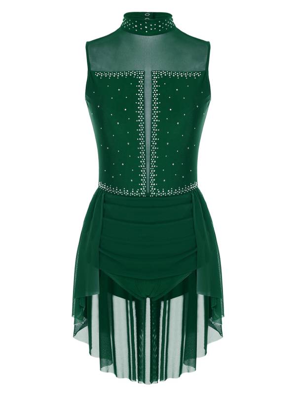 Women Sleeveless Backless Mesh Rhinestones Lyrical Dance Leotard Dress thumb