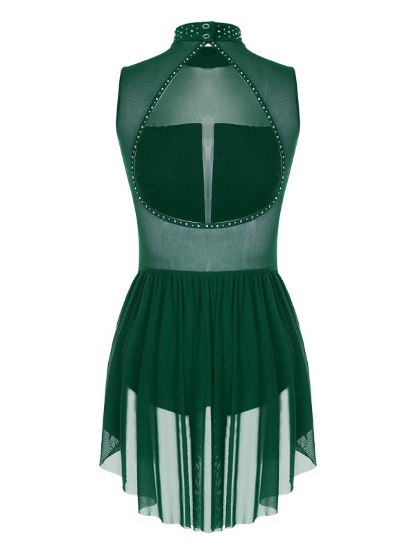 Women Sleeveless Backless Mesh Rhinestones Lyrical Dance Leotard Dress thumb