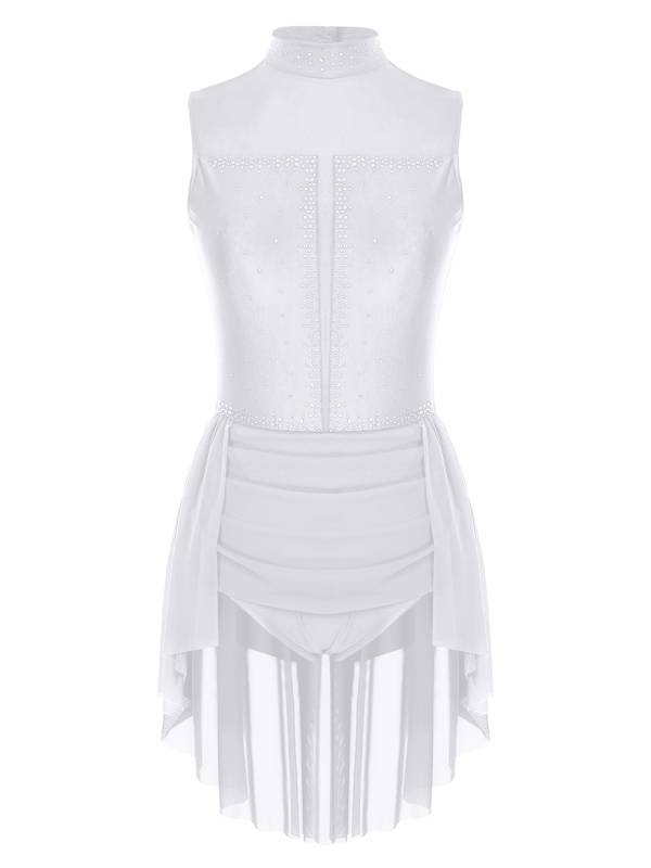Women Sleeveless Backless Mesh Rhinestones Lyrical Dance Leotard Dress thumb