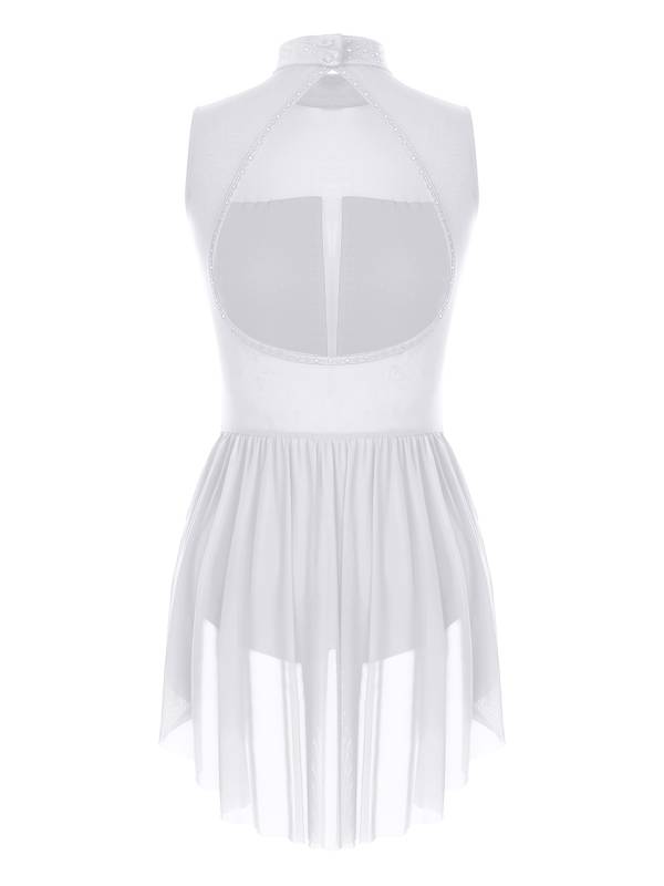 Women Sleeveless Backless Mesh Rhinestones Lyrical Dance Leotard Dress thumb