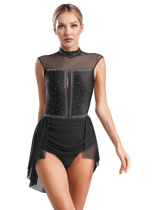 Women Sleeveless Backless Mesh Rhinestones Lyrical Dance Leotard Dress thumb
