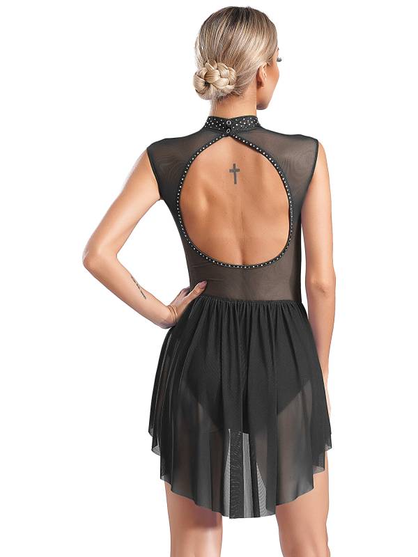 Women Sleeveless Backless Mesh Rhinestones Lyrical Dance Leotard Dress thumb