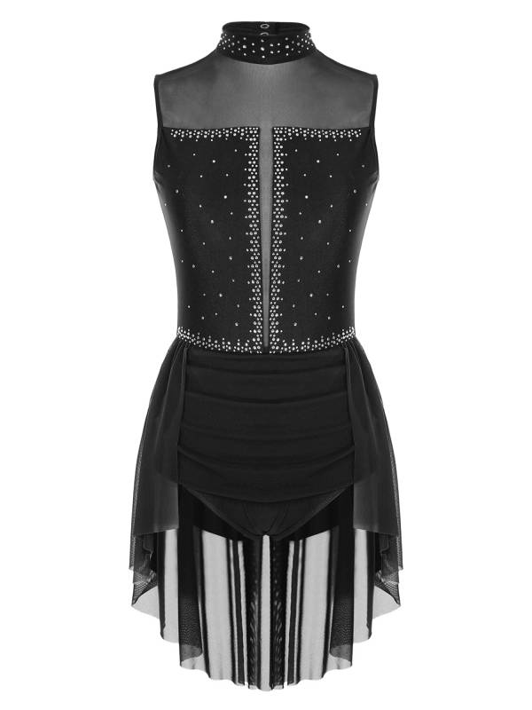 Women Sleeveless Backless Mesh Rhinestones Lyrical Dance Leotard Dress thumb