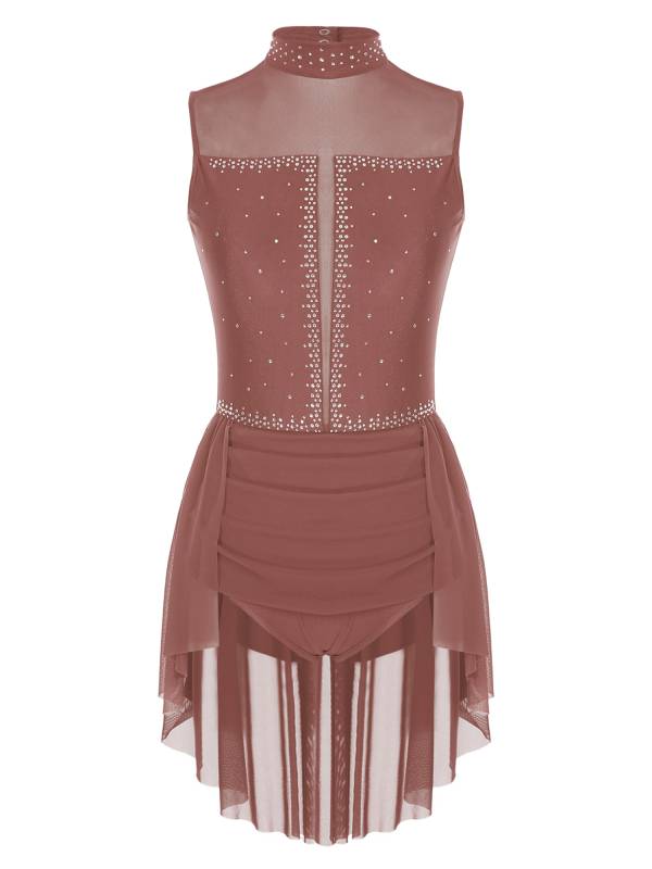 Women Sleeveless Backless Mesh Rhinestones Lyrical Dance Leotard Dress thumb