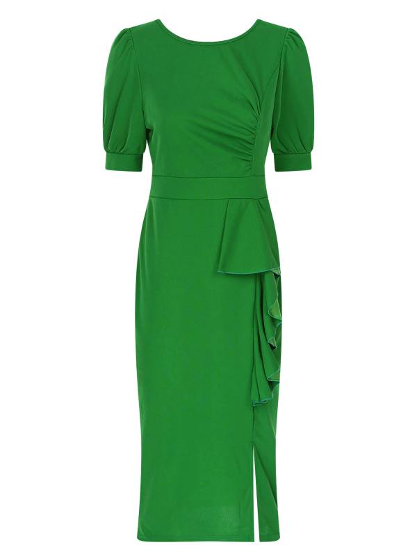 Women Short Sleeve Ruffles Bodycon Midi Pencil Dress for Work Cocktail thumb