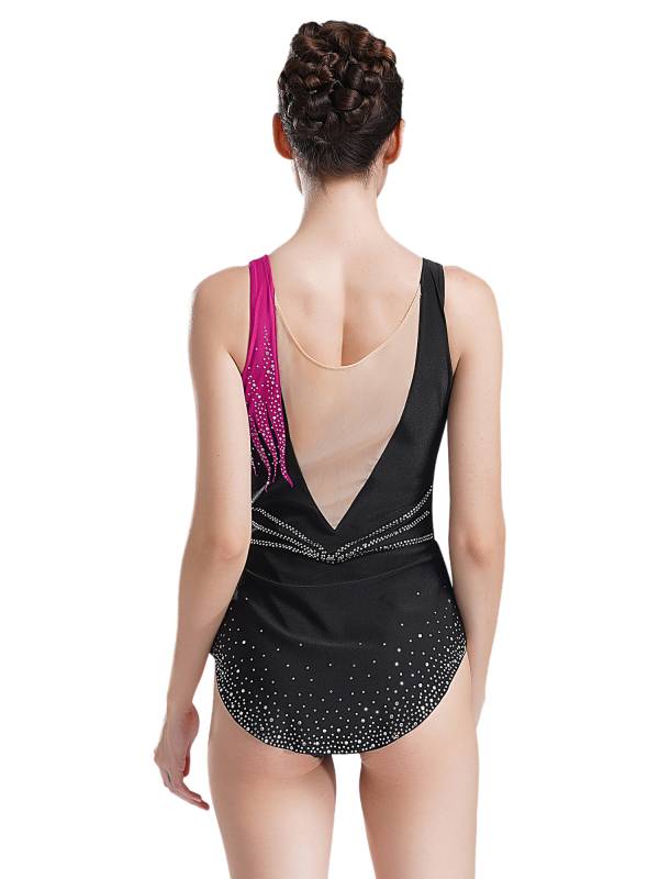 Women Sleeveless Scoop Neck Shiny Rhinestones Gymnastics Leotard thumb