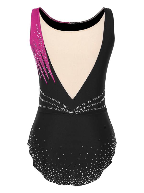 Women Sleeveless Scoop Neck Shiny Rhinestones Gymnastics Leotard thumb