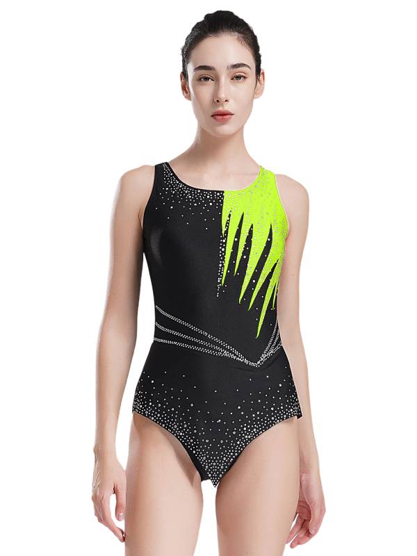 Women Sleeveless Scoop Neck Shiny Rhinestones Gymnastics Leotard thumb