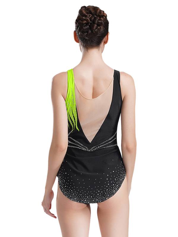 Women Sleeveless Scoop Neck Shiny Rhinestones Gymnastics Leotard thumb