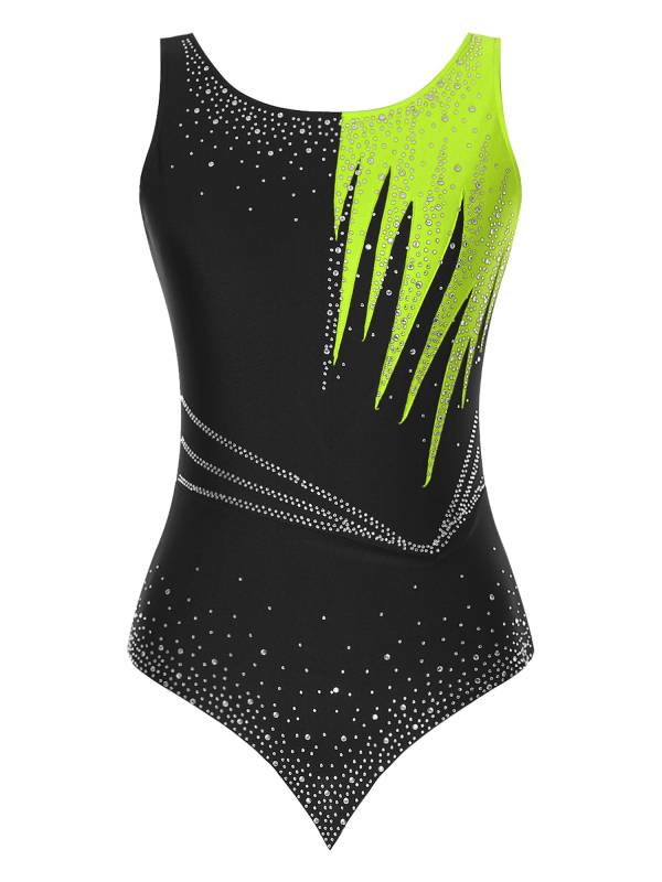 Women Sleeveless Scoop Neck Shiny Rhinestones Gymnastics Leotard thumb