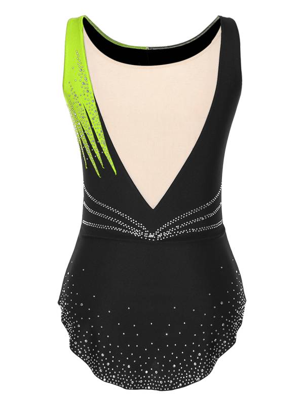 Women Sleeveless Scoop Neck Shiny Rhinestones Gymnastics Leotard thumb