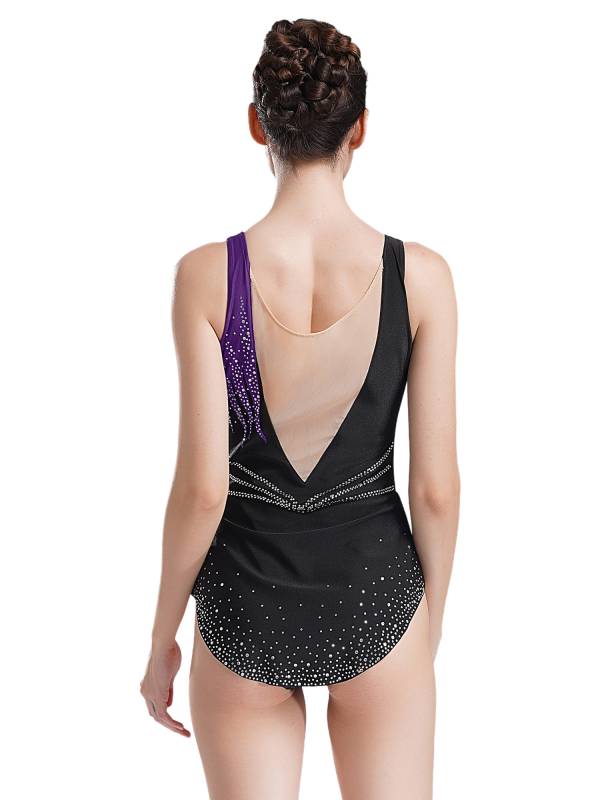 Women Sleeveless Scoop Neck Shiny Rhinestones Gymnastics Leotard thumb