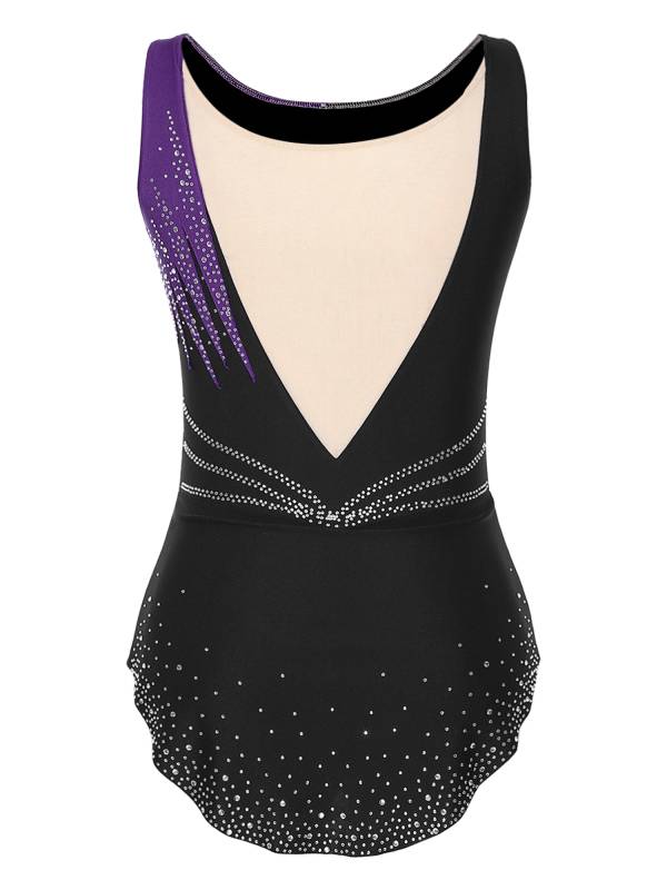 Women Sleeveless Scoop Neck Shiny Rhinestones Gymnastics Leotard thumb