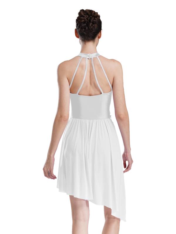 Women Sleeveless Rhinestones Asymmetrical Lyrical Dance Leotard Dress thumb