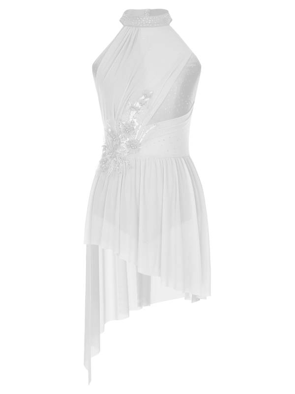 Women Sleeveless Rhinestones Asymmetrical Lyrical Dance Leotard Dress thumb