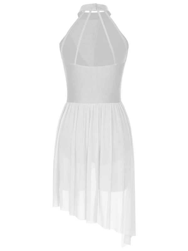 Women Sleeveless Rhinestones Asymmetrical Lyrical Dance Leotard Dress thumb