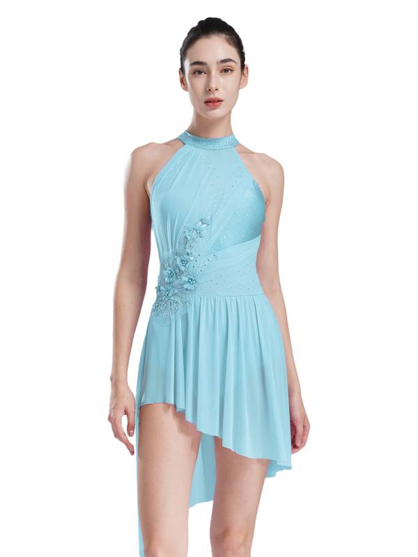 Women Sleeveless Rhinestones Asymmetrical Lyrical Dance Leotard Dress thumb