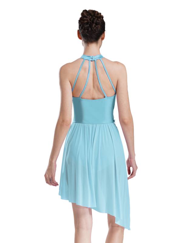 Women Sleeveless Rhinestones Asymmetrical Lyrical Dance Leotard Dress thumb