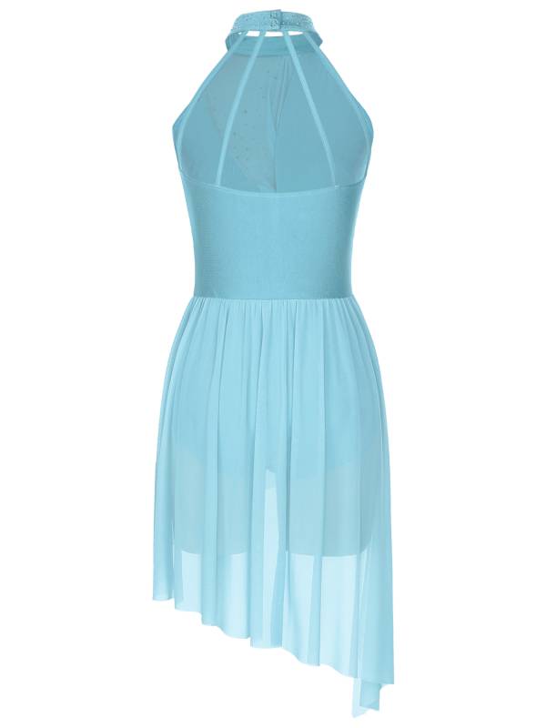 Women Sleeveless Rhinestones Asymmetrical Lyrical Dance Leotard Dress thumb