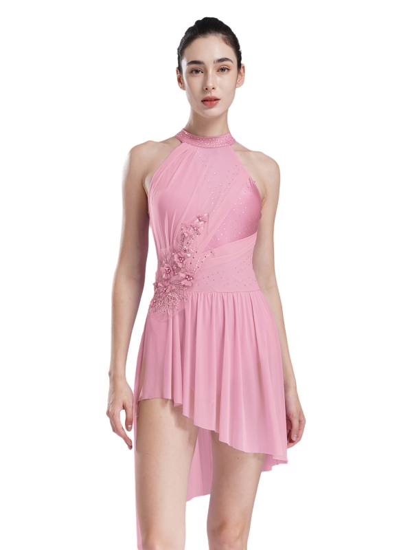 Women Sleeveless Rhinestones Asymmetrical Lyrical Dance Leotard Dress thumb