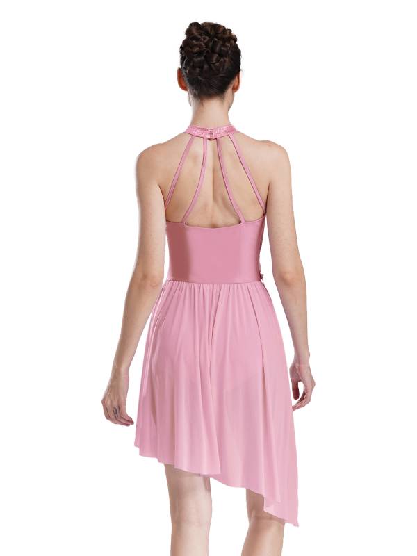 Women Sleeveless Rhinestones Asymmetrical Lyrical Dance Leotard Dress thumb